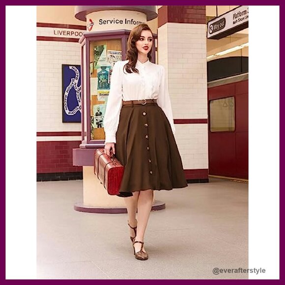 Vintage Stretch High Waist A-Line Flared Midi Skirt with Pockets & Belt - Picture 6 of 8